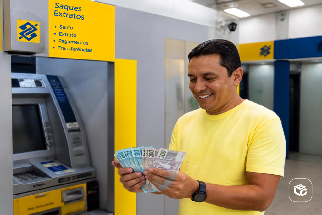 Homem sorri com dinheiro na mão em frente a caixa eletrônico do Banco do Brasil