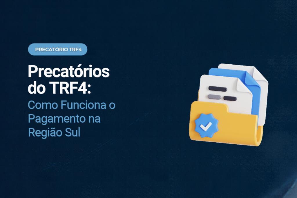 Arte promocional sobre precatórios do TRF4. À esquerda, em fundo azul-escuro com textura suave, aparece o texto: “PRECATÓRIO TRF4”, “Precatórios do TRF4:” e “Como Funciona o Pagamento na Região Sul”. À direita, há uma ilustração 3D de uma pasta amarela contendo documentos brancos e azuis, com um selo de verificação azul na parte frontal. O layout utiliza tons de azul, branco e amarelo, com amplo espaço livre ao redor dos elementos e aparência institucional e moderna.