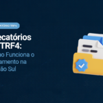 Arte promocional sobre precatórios do TRF4. À esquerda, em fundo azul-escuro com textura suave, aparece o texto: “PRECATÓRIO TRF4”, “Precatórios do TRF4:” e “Como Funciona o Pagamento na Região Sul”. À direita, há uma ilustração 3D de uma pasta amarela contendo documentos brancos e azuis, com um selo de verificação azul na parte frontal. O layout utiliza tons de azul, branco e amarelo, com amplo espaço livre ao redor dos elementos e aparência institucional e moderna.